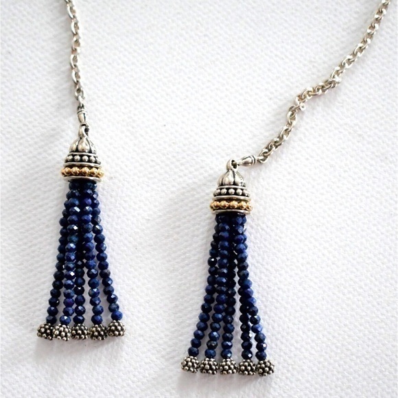LAGOS Sterling Silver 18k Yellow Gold Caviar Icon Lapis Tassel Lariat Necklace